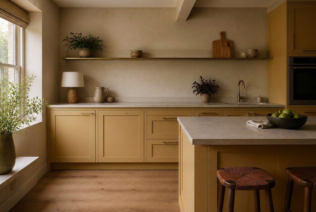 Kitchen cabinets resprayed in Ochre