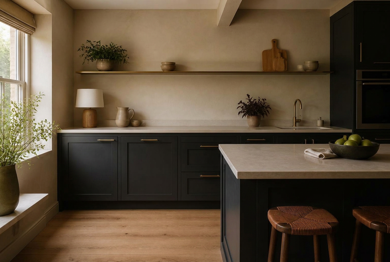 Kitchen cabinets resprayed in Soft Black